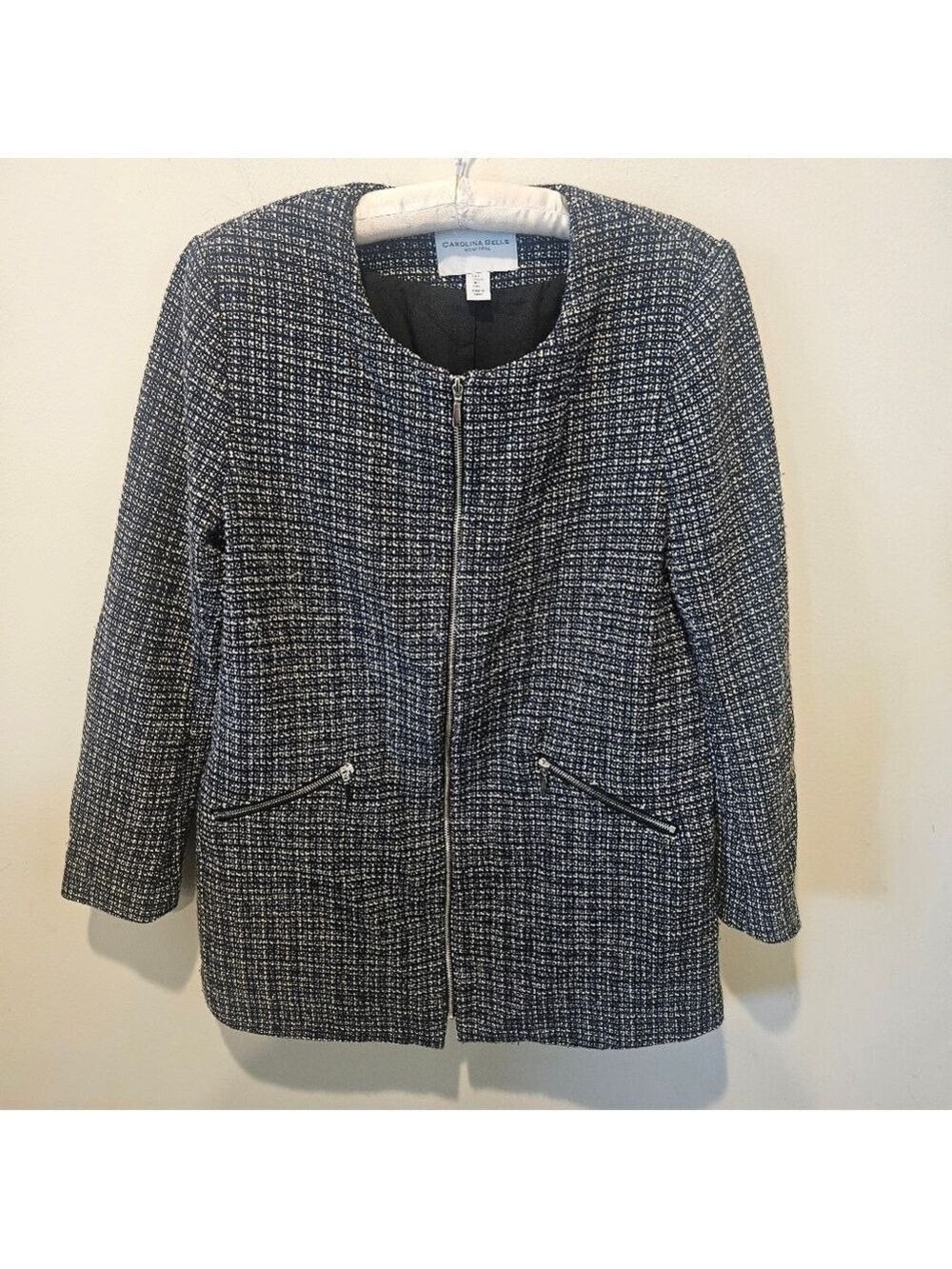 CAROLINA BELLE Women's Black, White, & Blue Zip-up Tweed Blazer Jacket, Size L